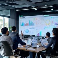 SEO与增长策略总监方泽远在会议室内向团队讲解关键词矩阵图，背景为大屏幕上的搜索排名数据